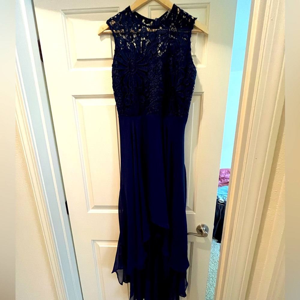 Navy blue high/low dress with lace top